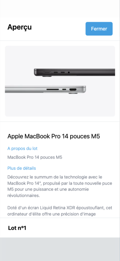 Phone screen — detailed preview of the 1st prize of the Tombola Solidaire 2026: an Apple MacBook Pro 14-inch M5, with "About the prize" and "More details"