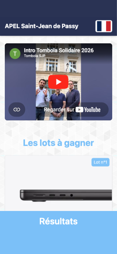 Phone screen — "The prizes to be won" of the Tombola Solidaire 2026: the presentation video at the top of the page, then the 1st prize shown as Prize no. 1