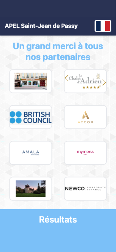 Phone screen — "A big thank you to all our partners" of the Tombola Solidaire 2026: the grid of partner brand logos, among them Le Chalet d'Adrien, the British Council, Accor, Amala Partners, Mimosa Paris and Newco Corporate Finance
