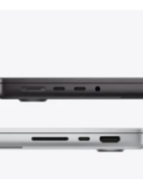 Two Apple MacBook Pro 14-inch M5 seen in profile, one space black, the other silver, on a light background