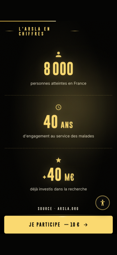 iPhone screen — "ARSLA in figures" block: 8,000 people living with the disease in France, 40 years of commitment to patients and more than 40 M€ invested in research