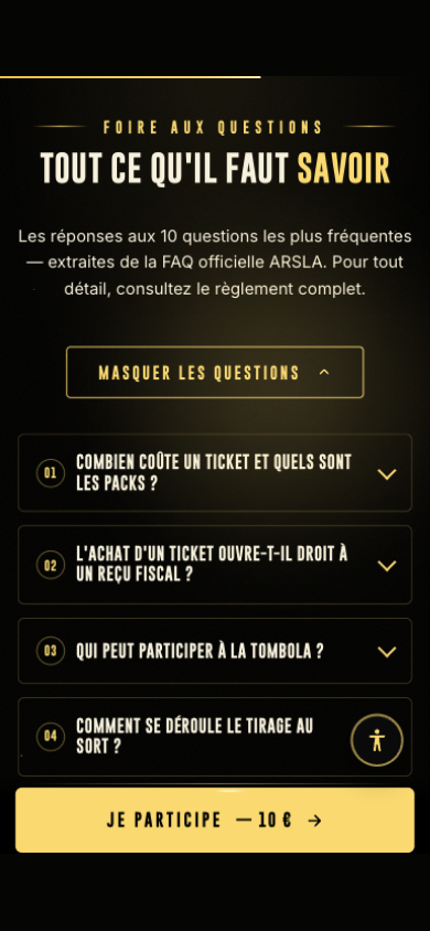 iPhone screen — "Everything you need to know" frequently asked questions for the ARSLA raffle: ticket price, tax receipt, prize draw, claiming prizes, GDPR