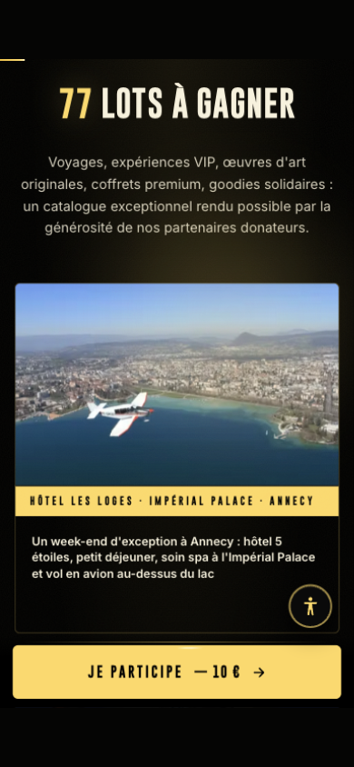 iPhone screen — "77 prizes to be won" gallery of the ARSLA raffle: trips, VIP experiences and works of art laid out as a premium showcase