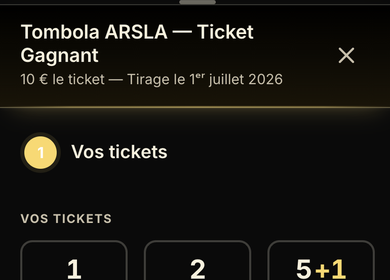 "Your tickets" screen of the ARSLA raffle on a smartphone: bundles of 1, 2, 5+1, 10+3 and 20+6 tickets, free quantity and a "Continue" button