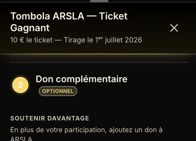 "Additional donation" screen of the ARSLA raffle on a smartphone: donation tiers from 0 to 500 €, free amount on a slider and a "Continue" button