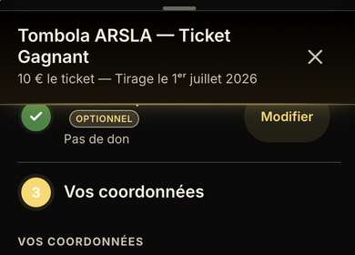 "Your details" screen of the ARSLA raffle on a smartphone: first name, last name, e-mail and phone fields for the tax receipt, then a "Continue" button