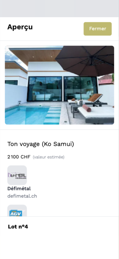 iPhone screen — detailed preview of a prize in the FC Châtel-Saint-Denis raffle: "Your trip (Ko Samui)", a villa with a pool, with an estimated value of 2 100 CHF