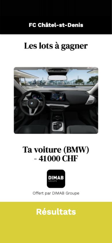 iPhone screen — "The prizes to be won": the 1st prize, a BMW worth 41 000 CHF, donated by DIMAB Groupe