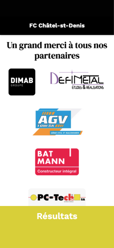 iPhone screen — "A big thank you to all our partners" from the FC Châtel-Saint-Denis raffle: DIMAB Groupe, Défimétal, AGV Toni SA, Bat Mann and PC-Tech SA