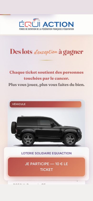 iPhone screen — "Exceptional prizes to be won": the Land Rover Defender 90 presented as the vehicle prize of the charity lottery.