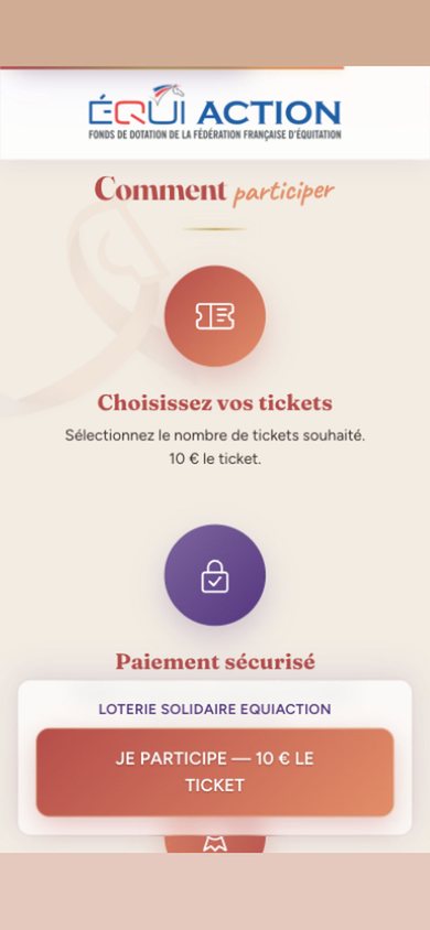 iPhone screen — "How to take part": choose your tickets, then secure payment, in a handful of steps.
