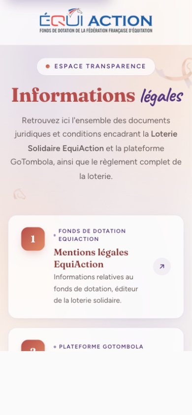 iPhone screen — "Transparency area · Legal information": legal notices of the EquiAction endowment fund, the GoTombola platform and the full rules of the charity lottery.