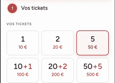 Crop: "Your tickets" — 1, 2, 5, 10+1, 20+2, 50+5