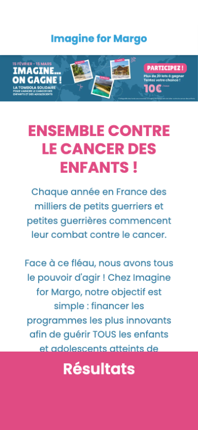 Screen of the Imagine for Margo page: header, campaign banner "Imagine… on gagne !" and the tagline "Together against childhood cancer!"