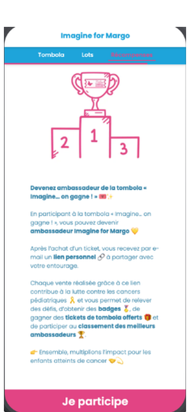 Screen of the Imagine for Margo page: "Become an ambassador of the Imagine… on gagne ! raffle" — a personal link to share, badges to unlock, free tickets and a leaderboard of the best ambassadors