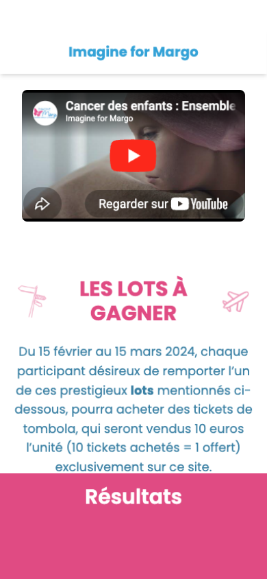 Screen of the Imagine for Margo page: embedded videos introducing the foundation and its fight against childhood cancer, played straight from the page