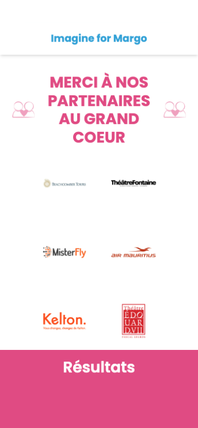 Screen of the Imagine for Margo page: the "Thank you to our big-hearted partners" section — Beachcomber Tours, Théâtre Fontaine, MisterFly, Air Mauritius, Kelton and Théâtre Édouard VII