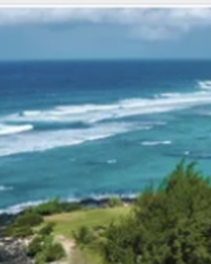 Mauritius: turquoise lagoon and waves breaking on the coral reef, fringed by a lush headland and coconut palms