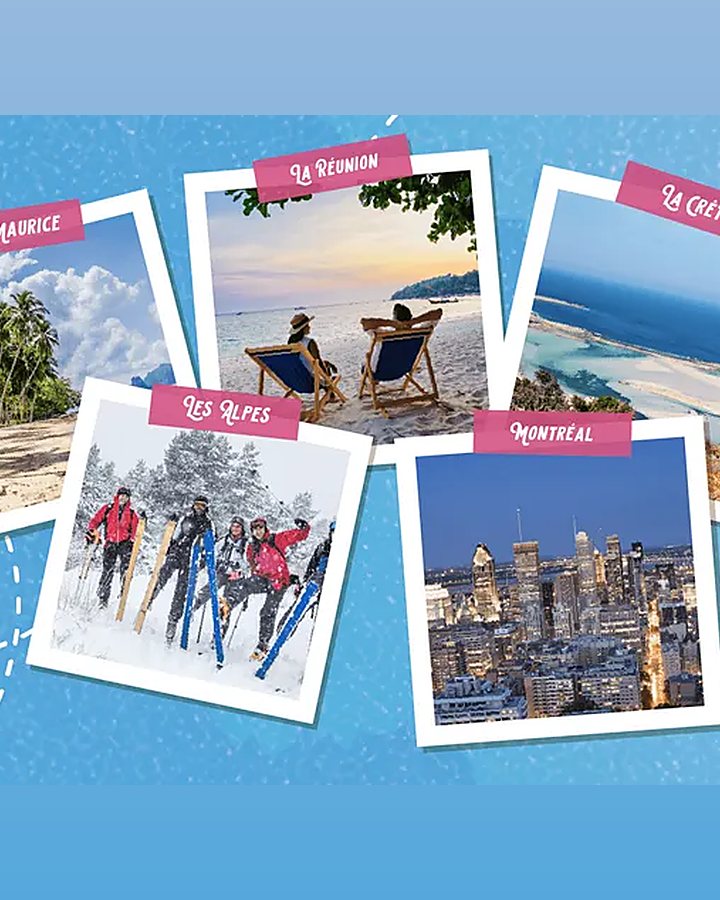 The dream trips to be won: a collage of five travel polaroids — Mauritius, Réunion, Crete, the Alps and Montreal — linked by a flight path, on the blue background of the Imagine for Margo campaign