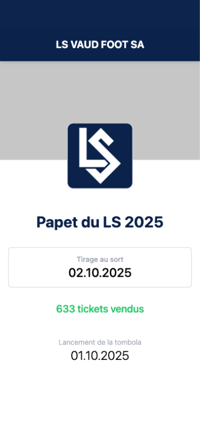 iPhone screen — home page of Le Papet du LS by LS Vaud Foot SA: the Lausanne-Sport crest, "Papet du LS 2025", a draw on October 2, 2025 and 633 tickets sold.