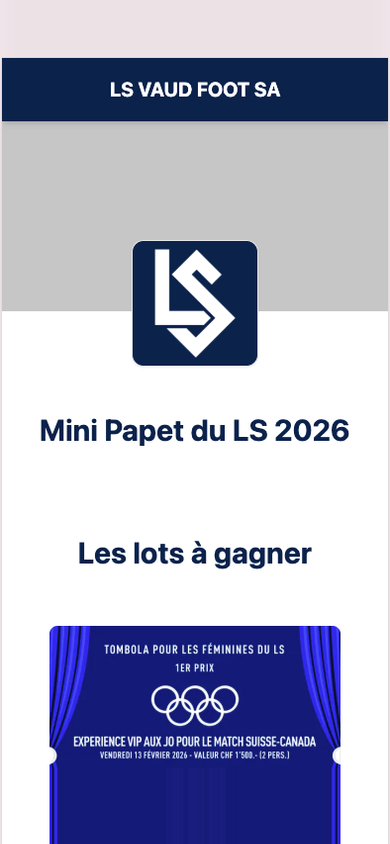 iPhone screen — Mini Papet du LS 2026 (the raffle of the LS women's team): 1st prize, a VIP experience at the Games for the Switzerland–Canada match of February 13, 2026, worth CHF 1'500 for 2 people.