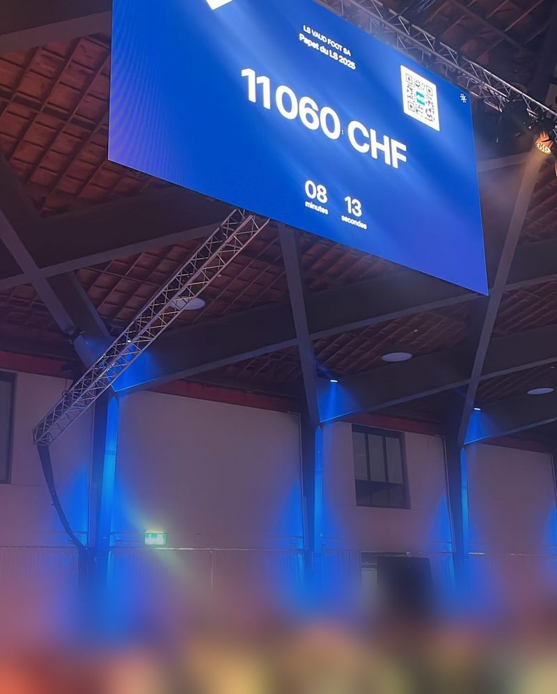 LS gala evening — a large LED screen showing the Live Wall counter at 11 060 CHF above the tables; the people in the foreground are deliberately blurred.