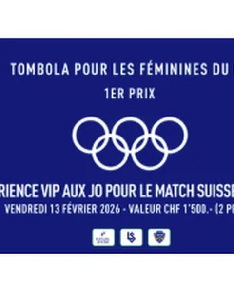 Visual of the VIP experience of the Mini Papet du LS — Olympic rings on a blue background, "1st prize · VIP experience at the Olympics for the Switzerland–Canada match".