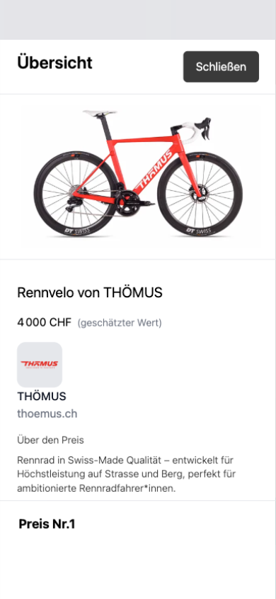 Phone screen — detailed preview of a prize in the Swiss-Ski Night: "Rennvelo von THÖMUS", a Swiss-made road bike, estimated value 4 000 CHF
