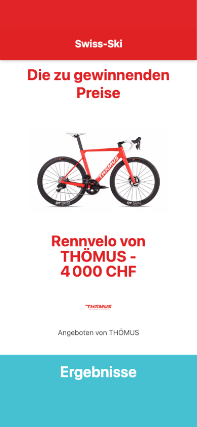 Phone screen — "Die zu gewinnenden Preise" (the prizes to be won): the 1st prize, a THÖMUS road bike worth 4 000 CHF, donated by THÖMUS