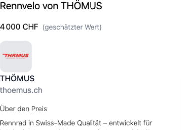 Crop of the detailed preview screen — "Rennvelo von THÖMUS", estimated value 4 000 CHF, presented by THÖMUS (thoemus.ch)