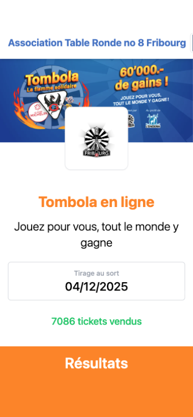 iPhone screen — home page of the "La flamme solidaire" raffle by Table Ronde n°8 Fribourg: royal blue key visual, "Online raffle", a draw on December 4, 2025 and 7,086 tickets sold.