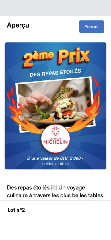iPhone "Preview" screen for a prize of the Table Ronde n°8 Fribourg raffle: the 2nd prize, "Starred dining" from the Guide Michelin (CHF 2'000.-), with its poster, its description and the Preview / Close header.