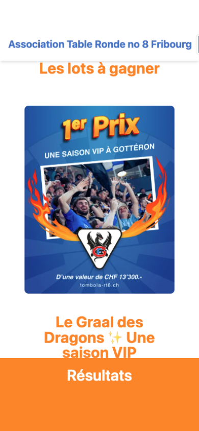 iPhone screen — "The prizes to be won": the 1st prize, a VIP season at HC Fribourg-Gottéron worth CHF 13'300.-, presented as a royal blue poster with flames.
