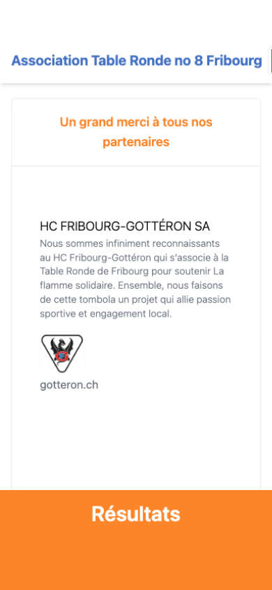 iPhone screen — "A big thank you to all our partners" from the Table Ronde n°8 Fribourg raffle: HC Fribourg-Gottéron SA in the spotlight, a thank-you message and a link to gotteron.ch.