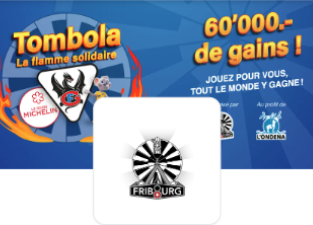 Crop of the home screen — royal blue "La flamme solidaire" banner with flames, from the Table Ronde n°8 Fribourg raffle.