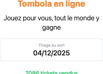 Crop of the home screen — date of the draw and the "7,086 tickets sold" counter of the Table Ronde n°8 Fribourg raffle.