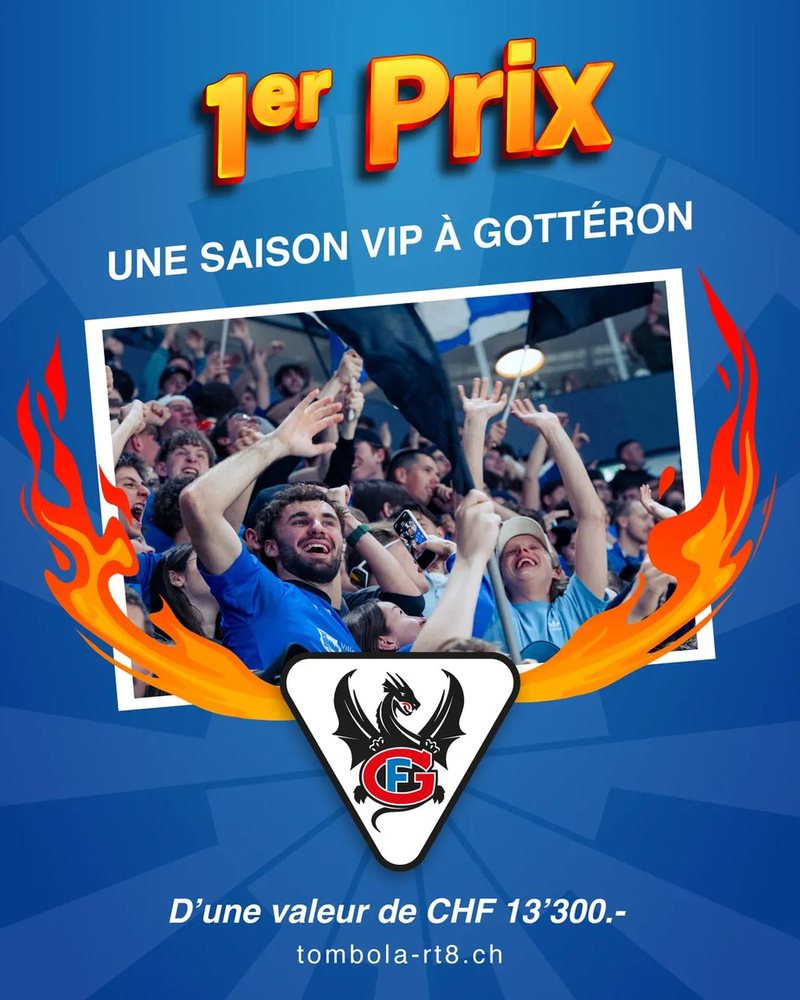 1st prize — A VIP season at HC Fribourg-Gottéron: royal blue poster ringed with flames, cheering supporters and the Gottéron logo, worth CHF 13'300.-.
