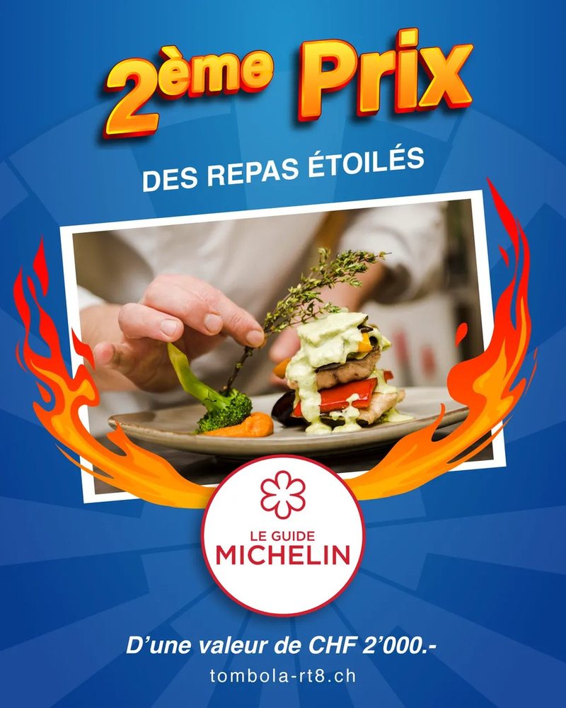 2nd prize — Starred dining: royal blue poster, a gourmet plate composed by a chef and the Guide Michelin star, worth CHF 2'000.-.