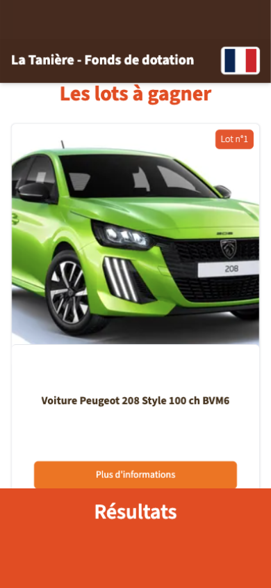 Phone screen — "The prizes to be won": the green Peugeot 208 car presented as prize no. 1, with a "More information" button