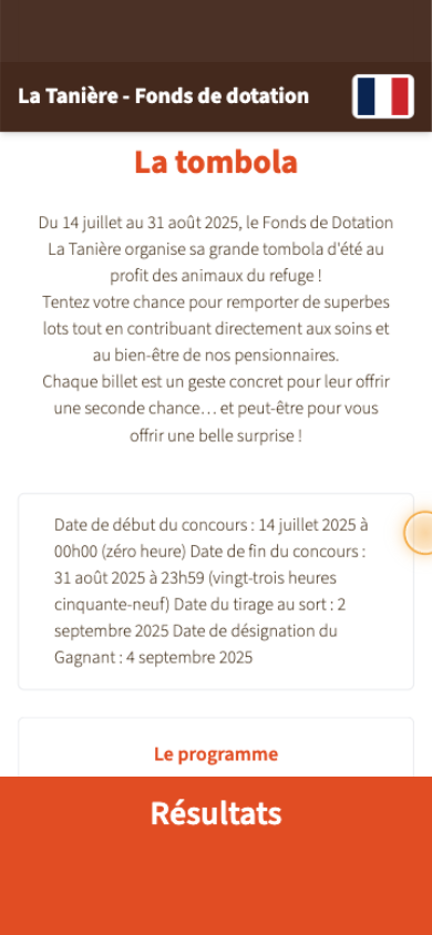 Phone screen — "The raffle": presentation of the La Tanière endowment fund, the competition period from July 14 to August 31, 2025 and a "The program" button