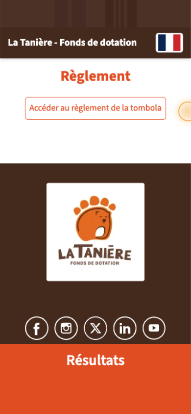 Phone screen — rules of the La Tanière raffle: an "Open the raffle rules" button and the endowment fund's logo on a brown background