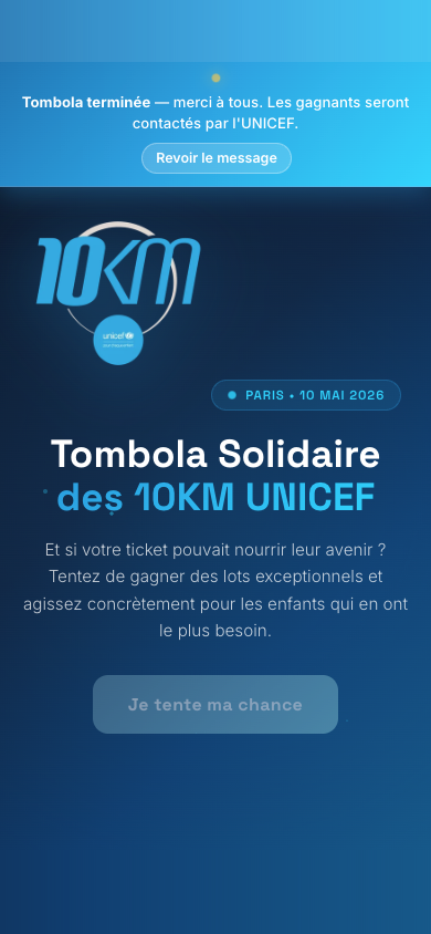 Phone screen — header of the UNICEF France raffle: photograph of children, the title "UNICEF France", a gold "Try my luck" button and a fundraising progress bar