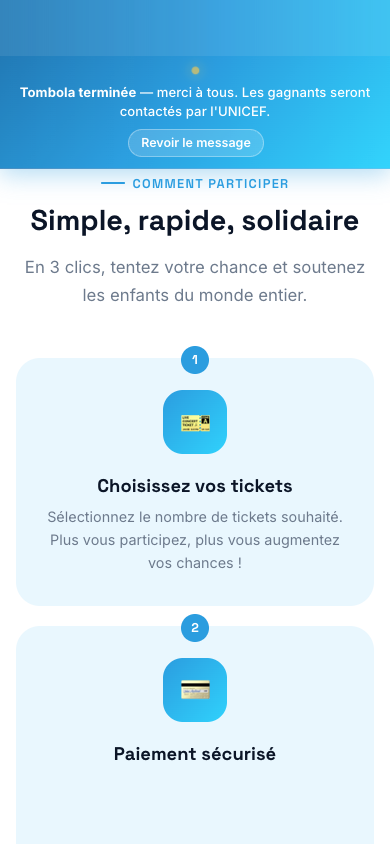Phone screen — entry confirmation: unique ticket number, thank-you message and access to the downloadable entry voucher