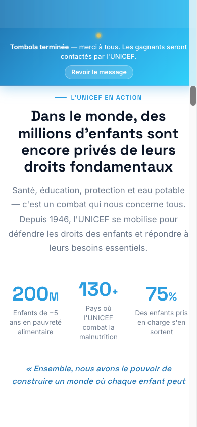 Phone screen — editorial section "UNICEF in action" setting out the key figures of the organization's programs