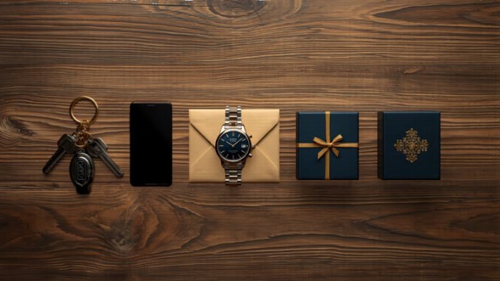 Auf einer Arbeitsplatte aus Holz liegen fünf Gegenstände in einer Reihe: ein Schlüsselbund, ein Smartphone, eine Armbanduhr, ein mit einem Band verschnürter Umschlag aus Kraftpapier und zwei dunkle Geschenketuis.