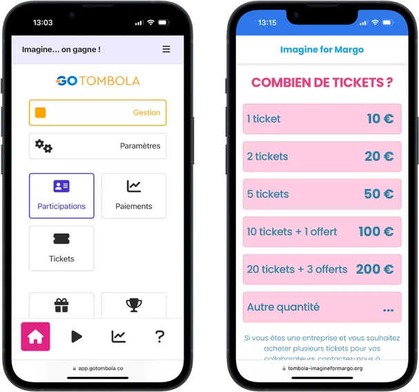 The GoTombola interface on a smartphone: management dashboard and ticket sales page.
