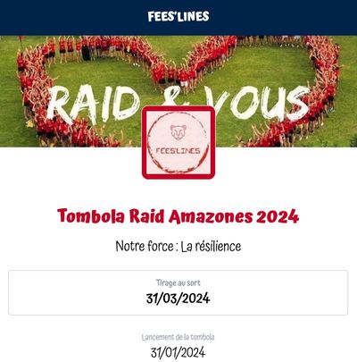 Sales page for the Raid Amazones 2024 raffle by Fees'Lines, illustrated by a human heart formed by the participants.