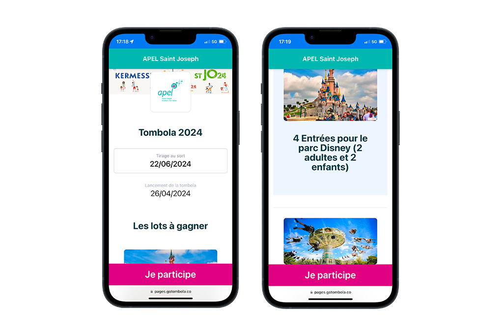Deux smartphones affichant la page de vente de la tombola 2024 de l'APEL Saint Joseph, avec ses lots et son bouton « Je participe ».