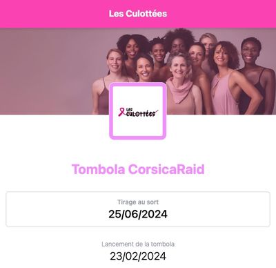 Sales page for the CorsicaRaid raffle by Les Culottées, with a photo of the team.