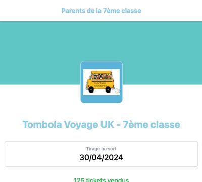 Sales page for the Voyage UK raffle organized by the parents of the 7th grade.